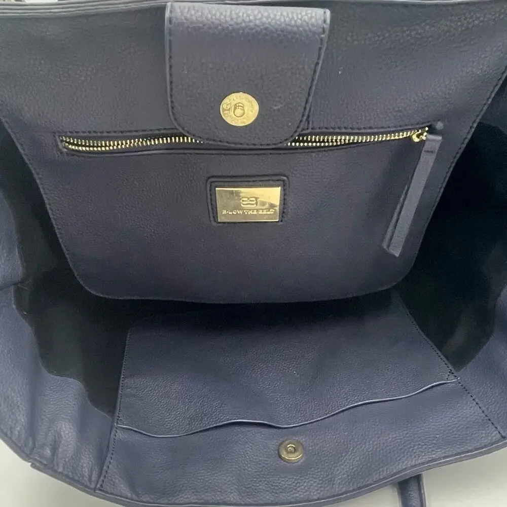 B-low-the-Belt Mila pebbled leather large bucket tote bag navy blue